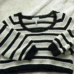 Apiece Apart Black White Striped Open Crochet Knit Slouchy Pullover Sweater Larg